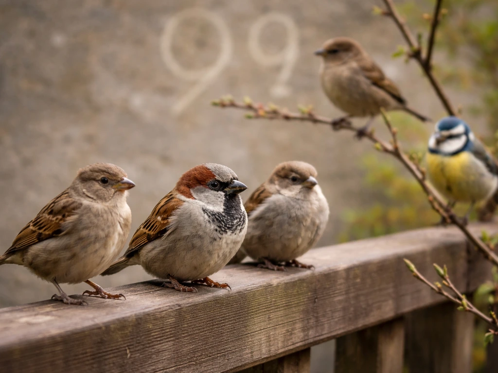 Small birds perched on a railing near a subtle chalk-like number cue on a stone wall