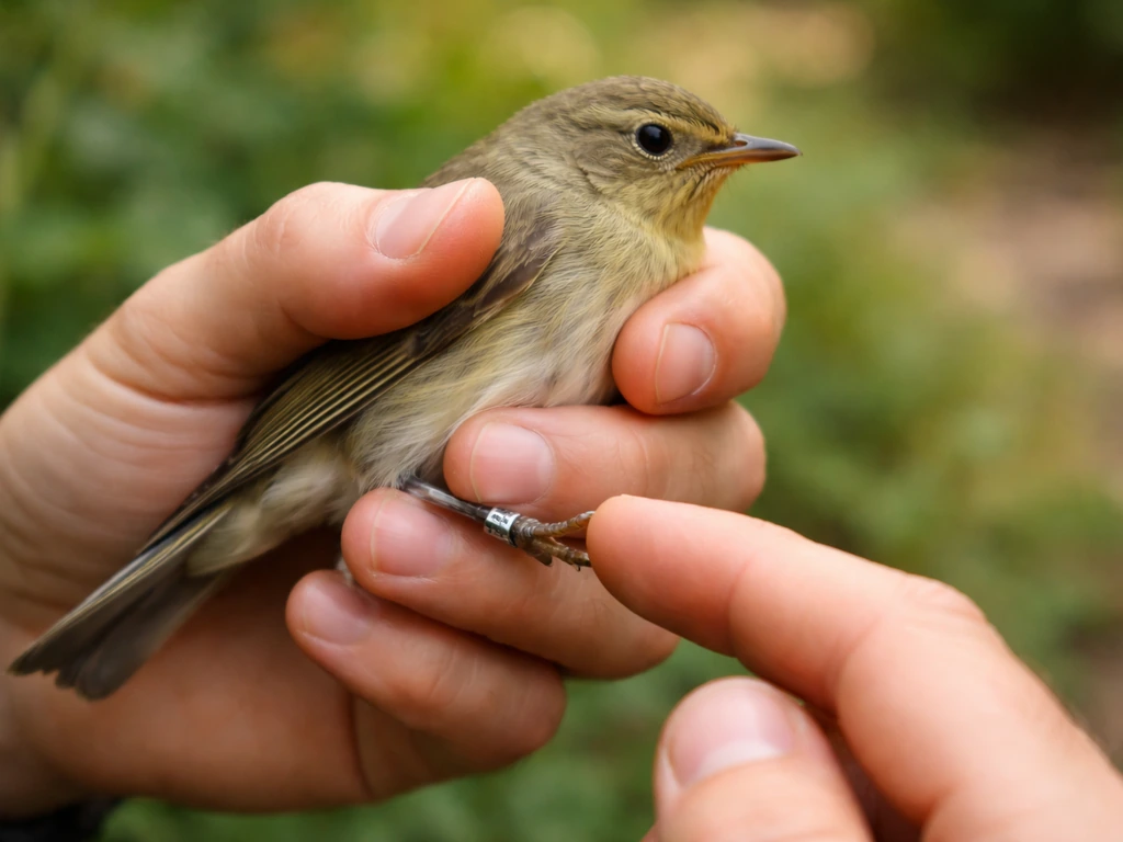 Close-up of hands holding a small bird and pointing to an identification band on its leg
