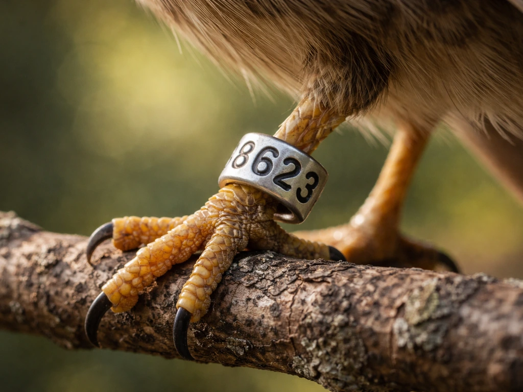 Macro photo of a bird leg wearing a metal band with a clearly visible number