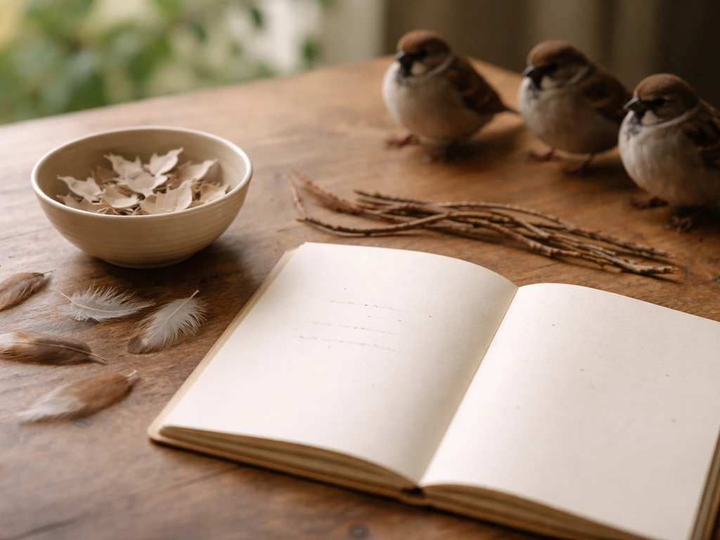 Warm wooden table still life with feathers, an open blank journal, and sparrows symbolically nearby.