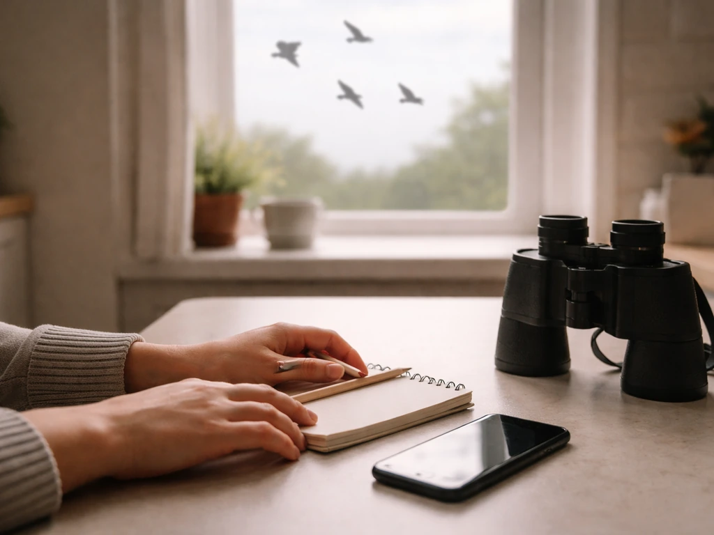 Person at a kitchen table with a notebook, looking outdoors through a window—birdwatching fact-check vibe.