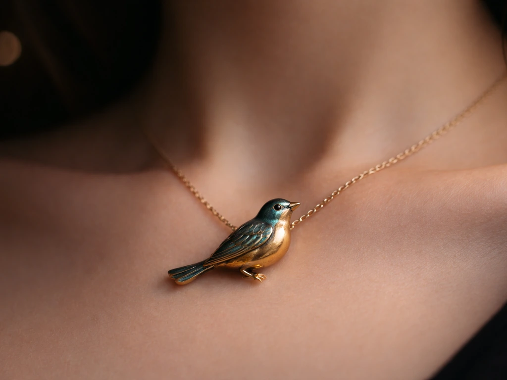 Close-up of a teal-and-gold bird pendant resting on a collarbone, bird motif sharply focused.