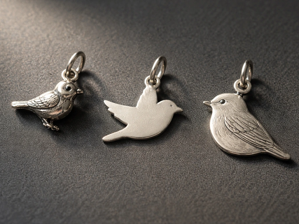 Close-up of three bird pendant styles—3D charm, flat silhouette, and engraved profile—laid on a dark surface