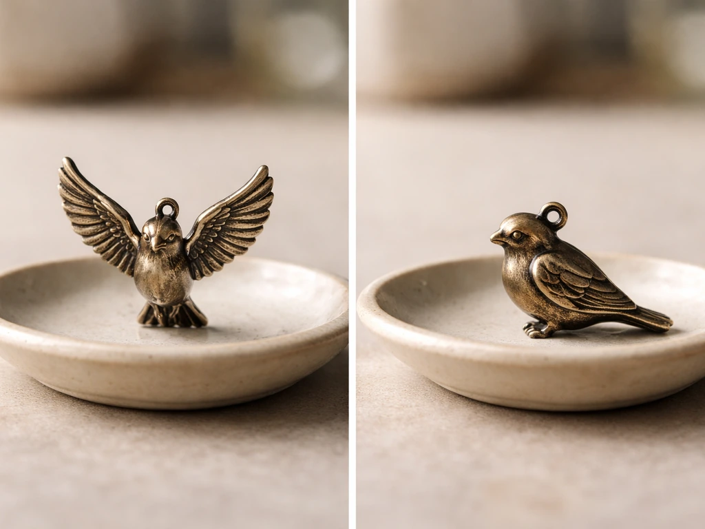 Two-panel photo of metal bird pendants: wings spread upward vs folded and still.