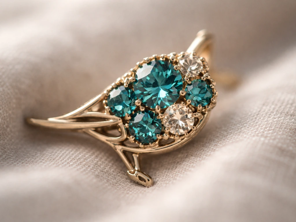 Close-up of a gem-set bird pendant showing faceted stones and their metal setting in vivid colors.
