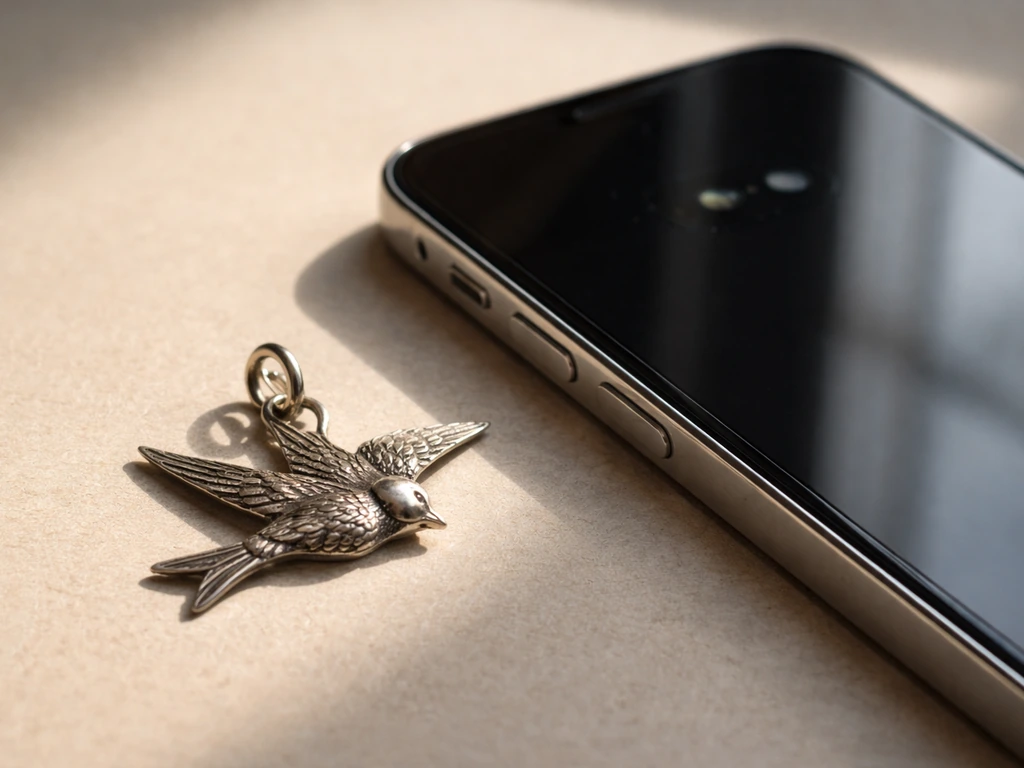 A bird pendant on a neutral table next to a smartphone showing how to capture a clear identification photo.