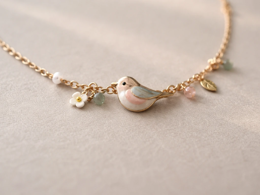 Close-up still life of a bird charm bracelet on a neutral background, highlighting subtle metal and color details.