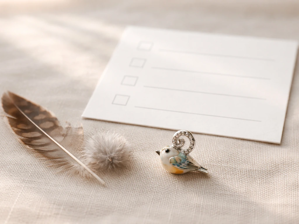 Close-up of a bird identification checklist on a tabletop beside a bird bracelet charm and feathers.