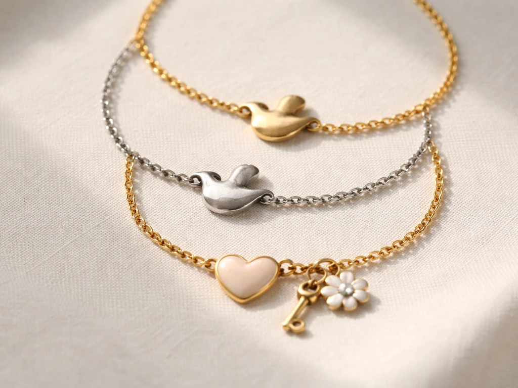 Close-up of several bracelets showing different materials and finishes, with a small dove charm in each.