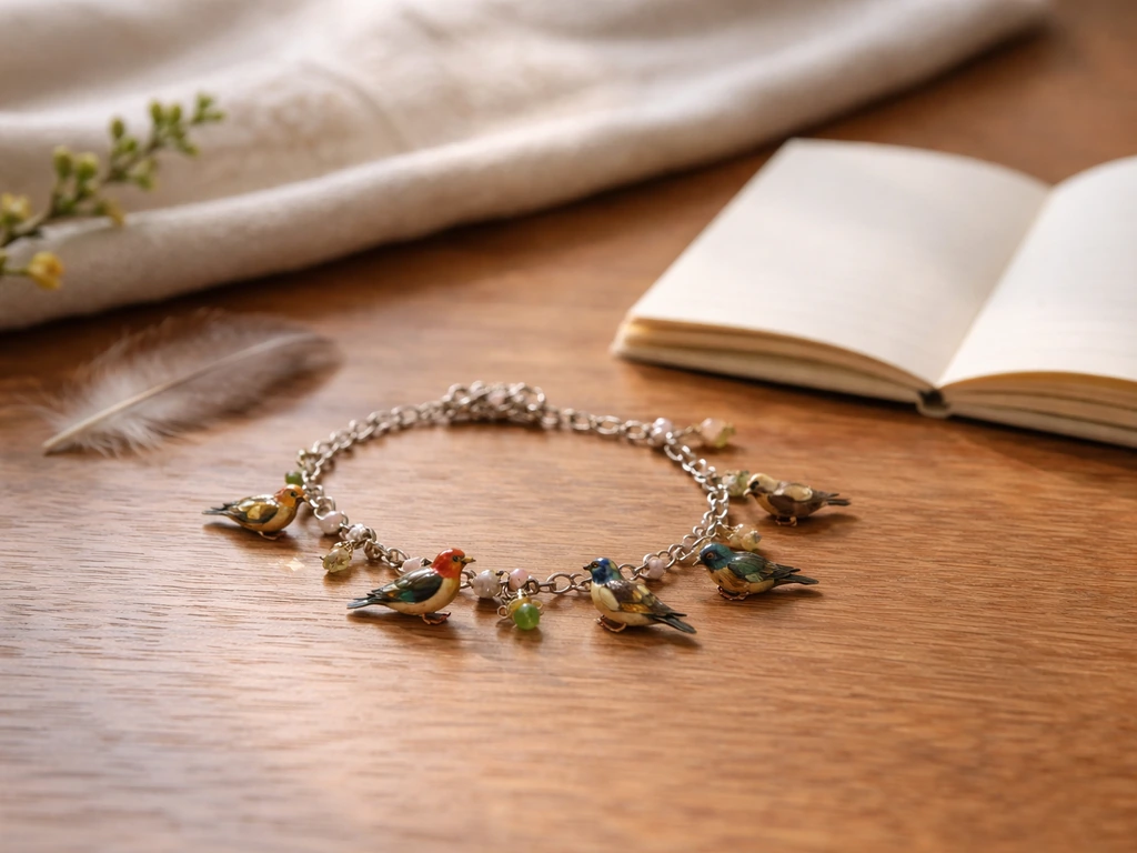 Close-up of a simple bird charm bracelet on a wooden table beside a small open notepad