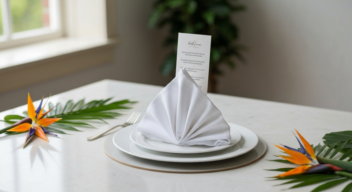 Bird-of-paradise napkin fold standing on a white plate with tropical accents on a light table.