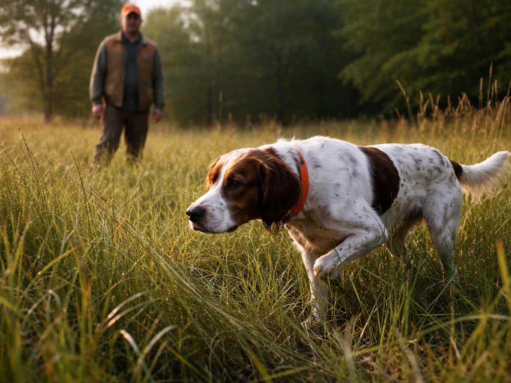 Working bird dog tracking scent in tall grass with a handler nearby