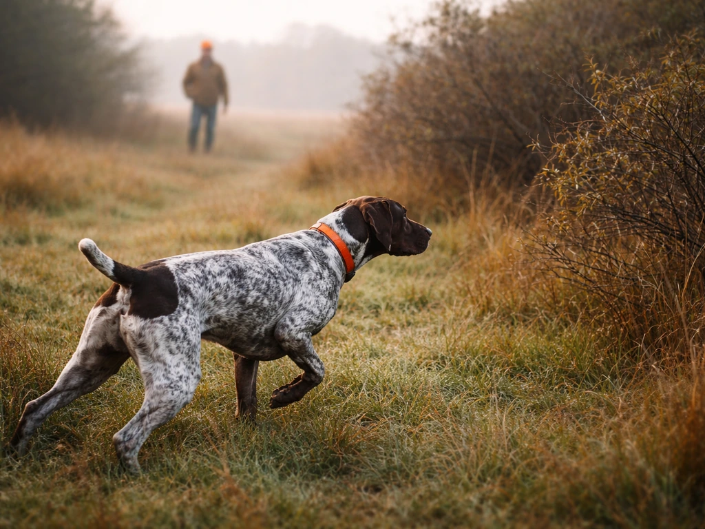Working bird dog pointing in grassy field near shrubs in an outdoor hunting training setting.