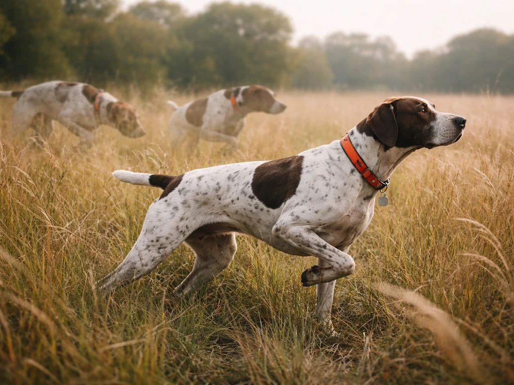 A bird dog in tall grass pointing and tracking scent, with faint blurred evolution moments around it.
