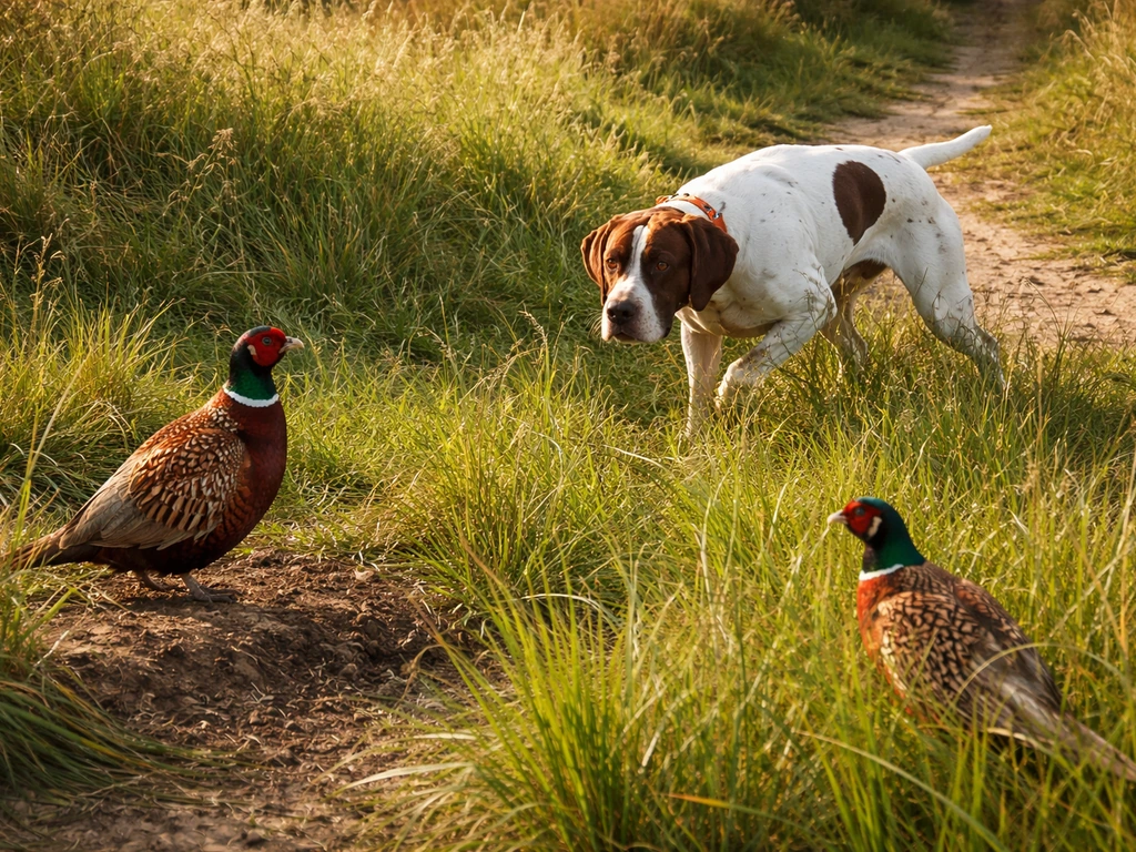 A hunting pointer dog in tall grass with two pheasants perched nearby in a quiet countryside field.