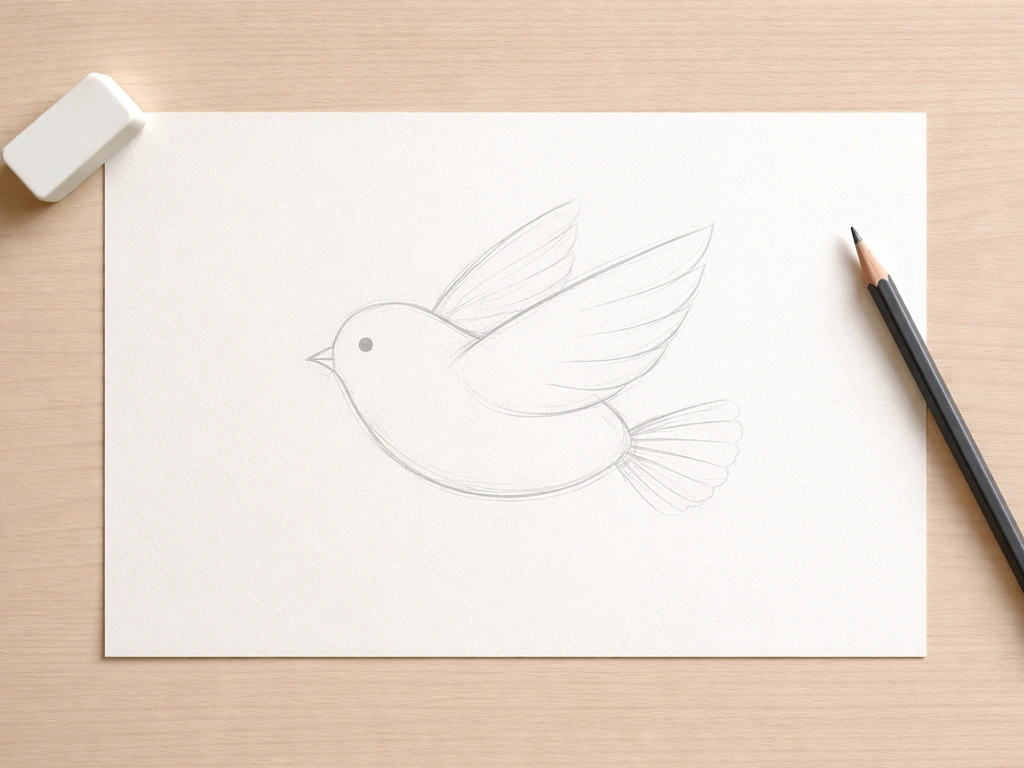 Overhead view of a simple pencil bird drawing with oval body, wing arcs, tail fan, and beak marks.