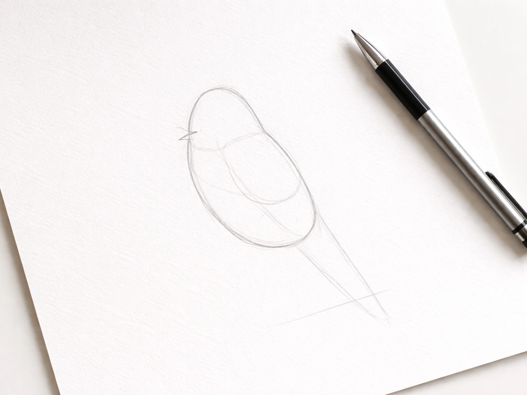 Overhead view of a simple graphite bird-body outline with light proportion guidelines on white paper.
