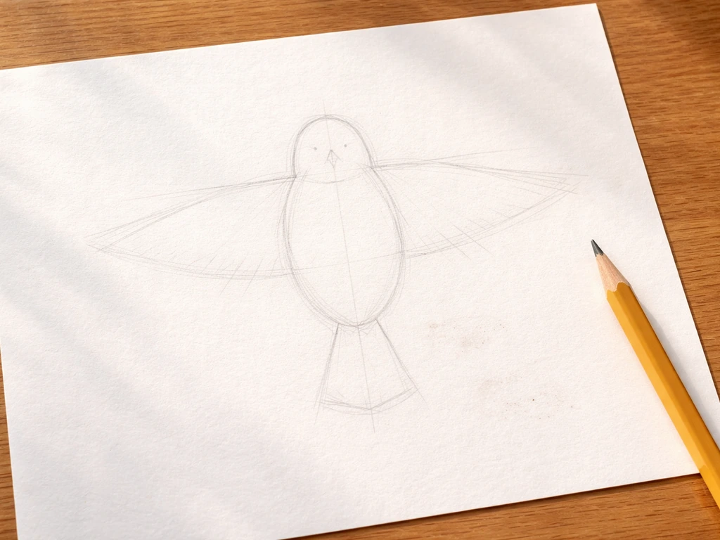 Top-view pencil sketch on paper: light construction lines for a bird’s body, wings, tail, beak and eye.
