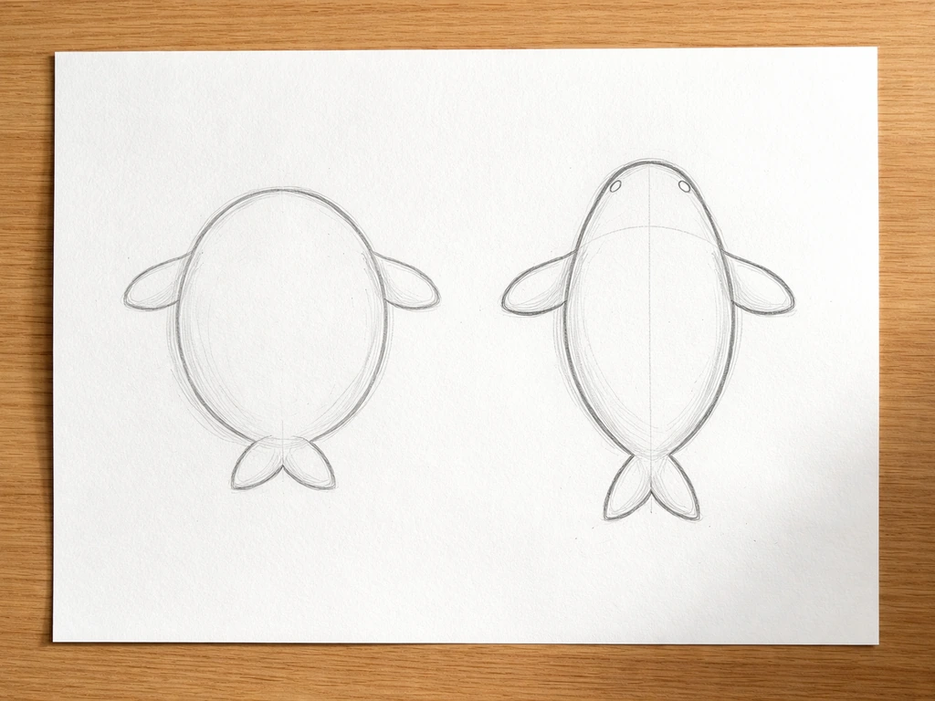Minimal top-view character sketch with a corrected overlay showing proper teardrop body, wings, and tail proportions