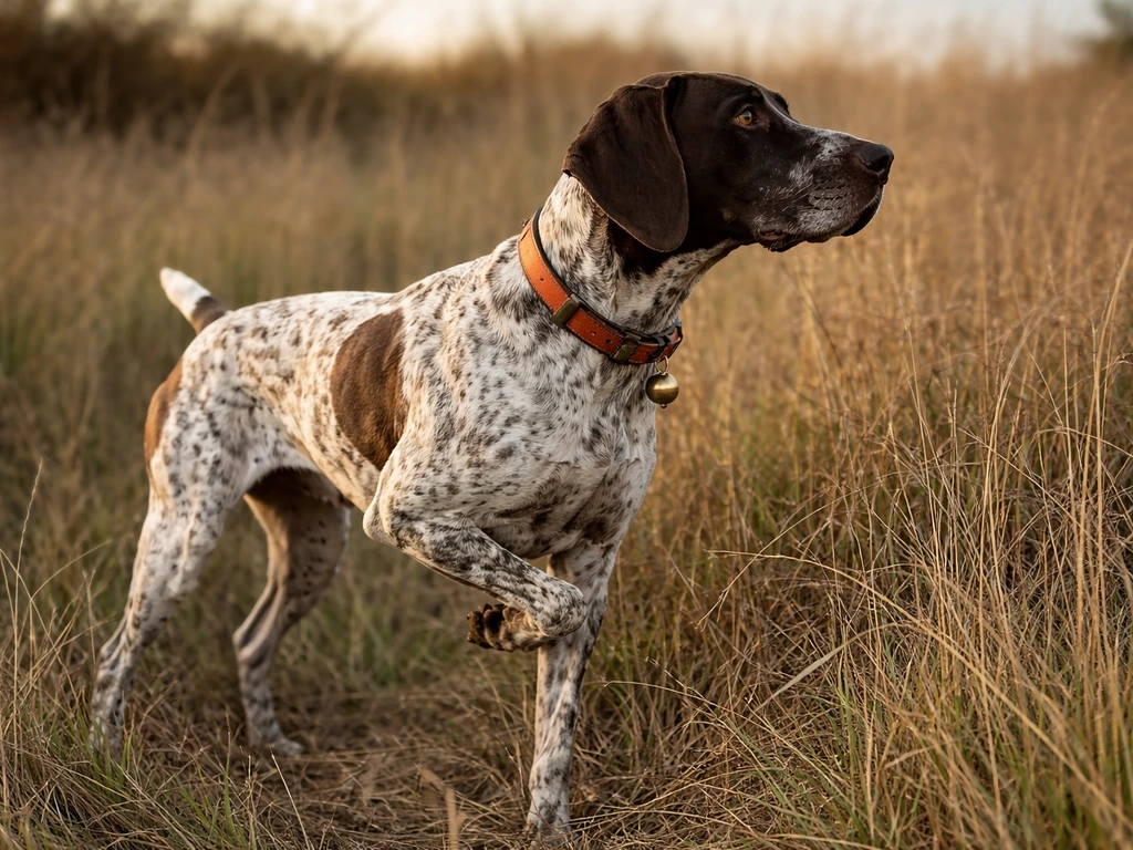 Trained bird dog in a steady pointing stance in a quiet hunting field