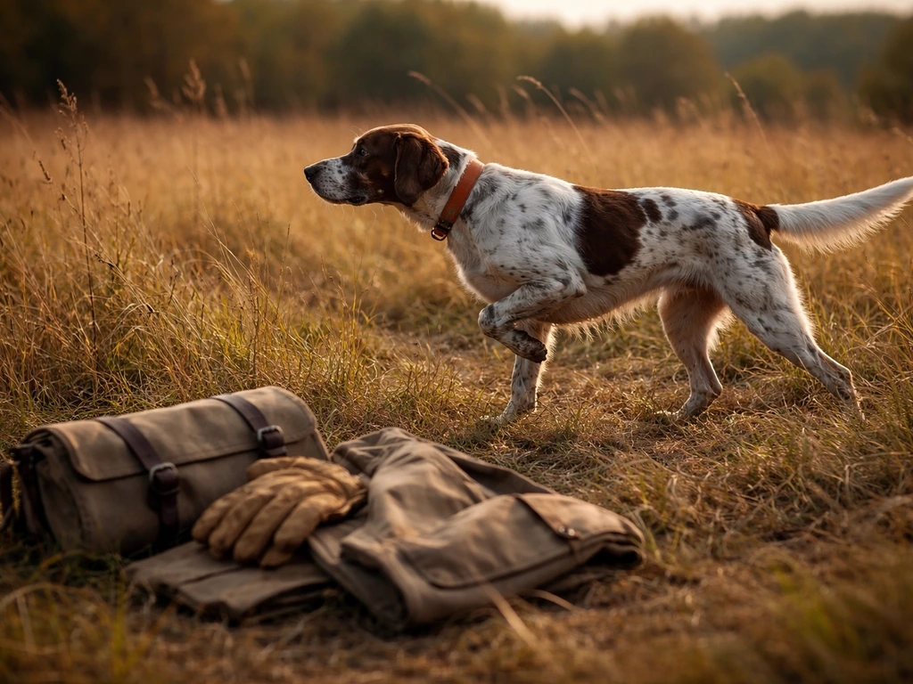 A hunting pointer in a classic pointing stance near game-bird hunting gear in an open field.