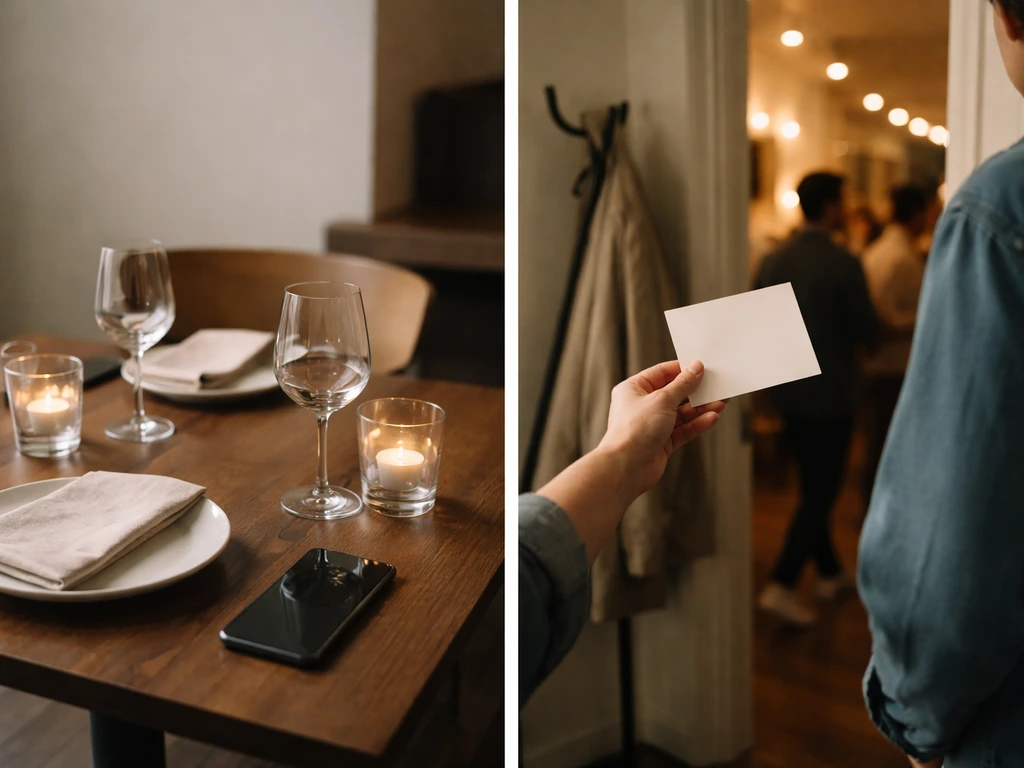 Split social-event scene with anonymous invite-holding hand and a nearby person trying to follow the date