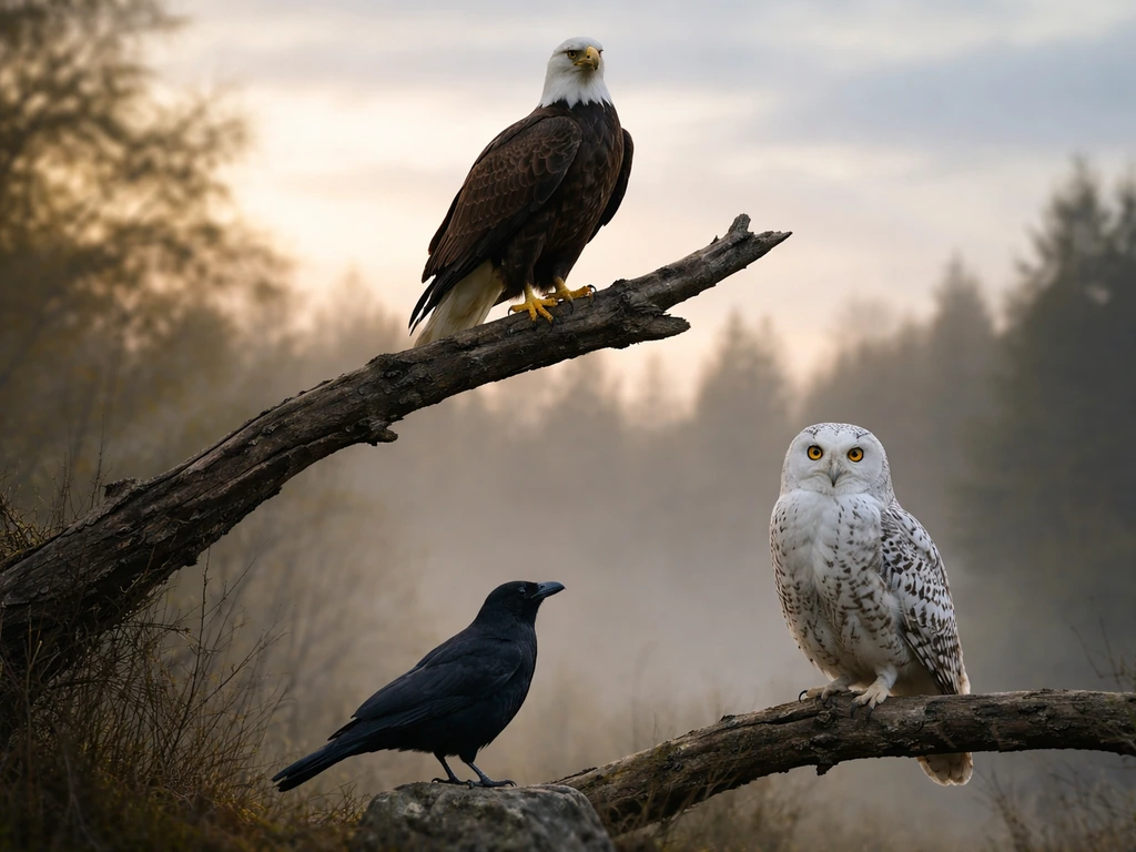 Eagle, snowy owl, and crow perched together on branches and stone, symbolizing law and vigilance.