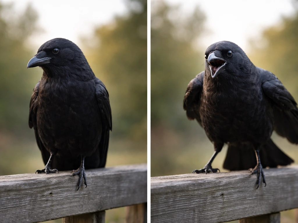 Two realistic photos: crow quietly perched on a fence and crow calling with wings slightly raised.
