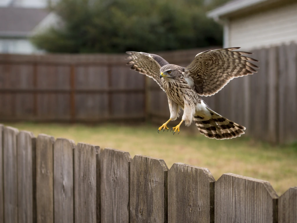 A small hawk hovering above a backyard fence during a tense, watchful moment.