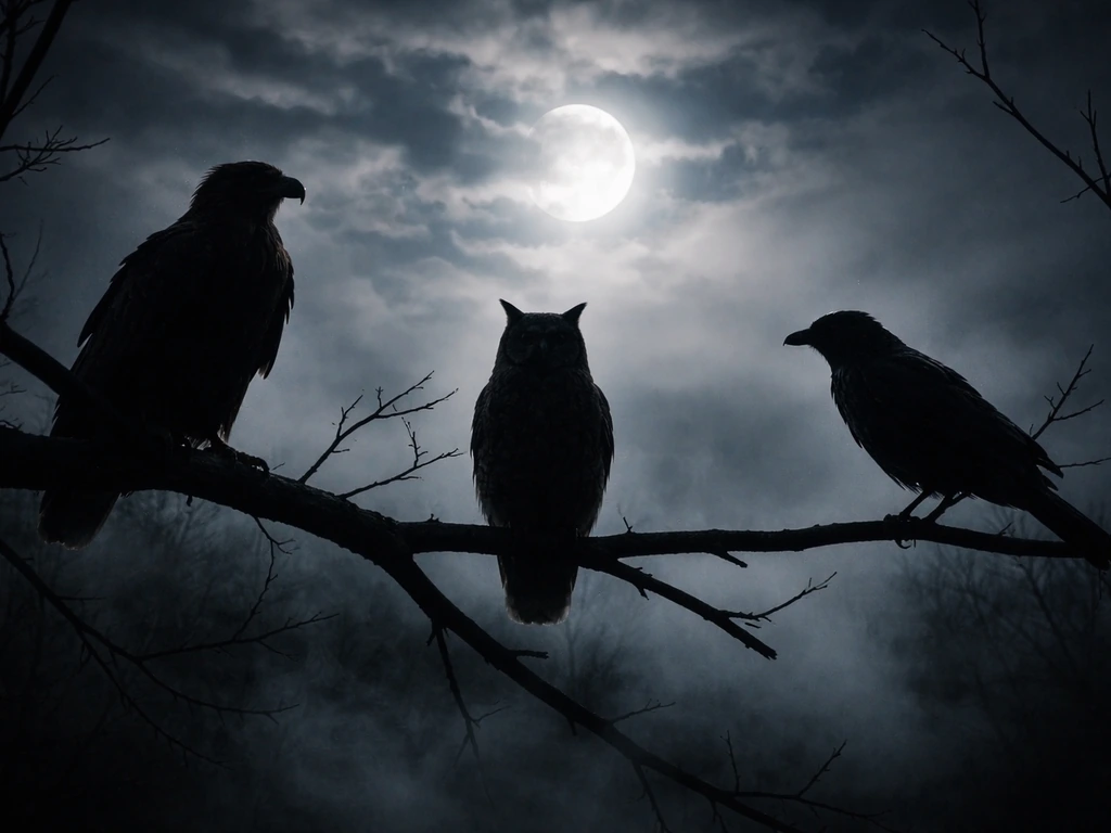 Moonlit eagle, owl, and crow silhouettes on bare branches in a misty night sky.