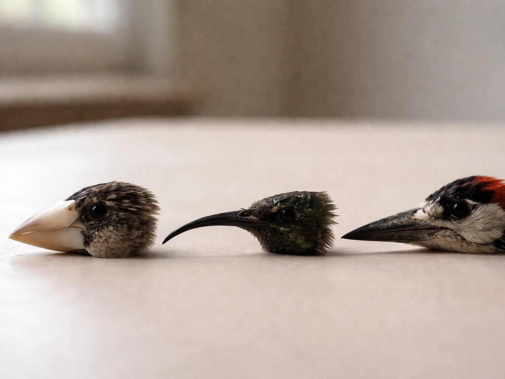 Three distinct bird beak shapes shown side-by-side in close-up on a neutral tabletop.