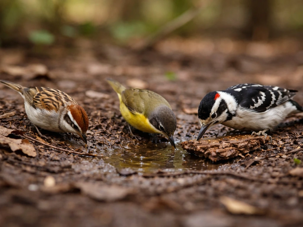 Three birds with different beak shapes feeding and probing on a forest floor.