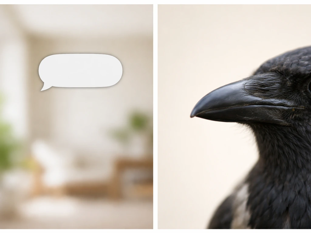 Minimal photo showing two separate contexts: a subtle speech bubble with slang vibe and a close-up bird beak on a clean