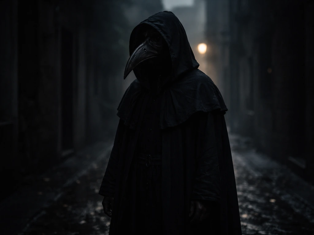 Cloaked healer in a long-beaked bird mask stands in a misty alley at dusk, eerie and mysterious.