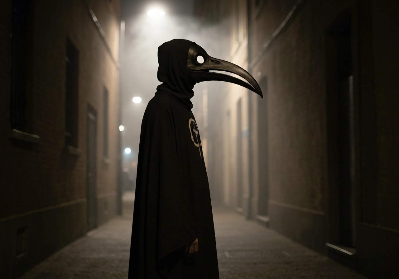 Ominous cloaked figure wearing a long curved beaked mask in a dark moody alley