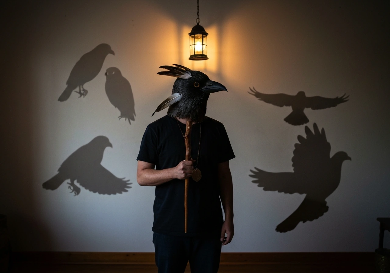 Anonymous healer with a bird mask in warm dim light, with subtle floating feather silhouettes implying different bird me