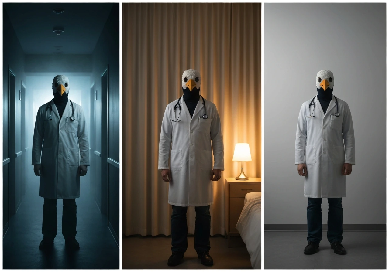 Three-part photo montage of a bird-masked doctor feeling frightening, comforting, and neutral