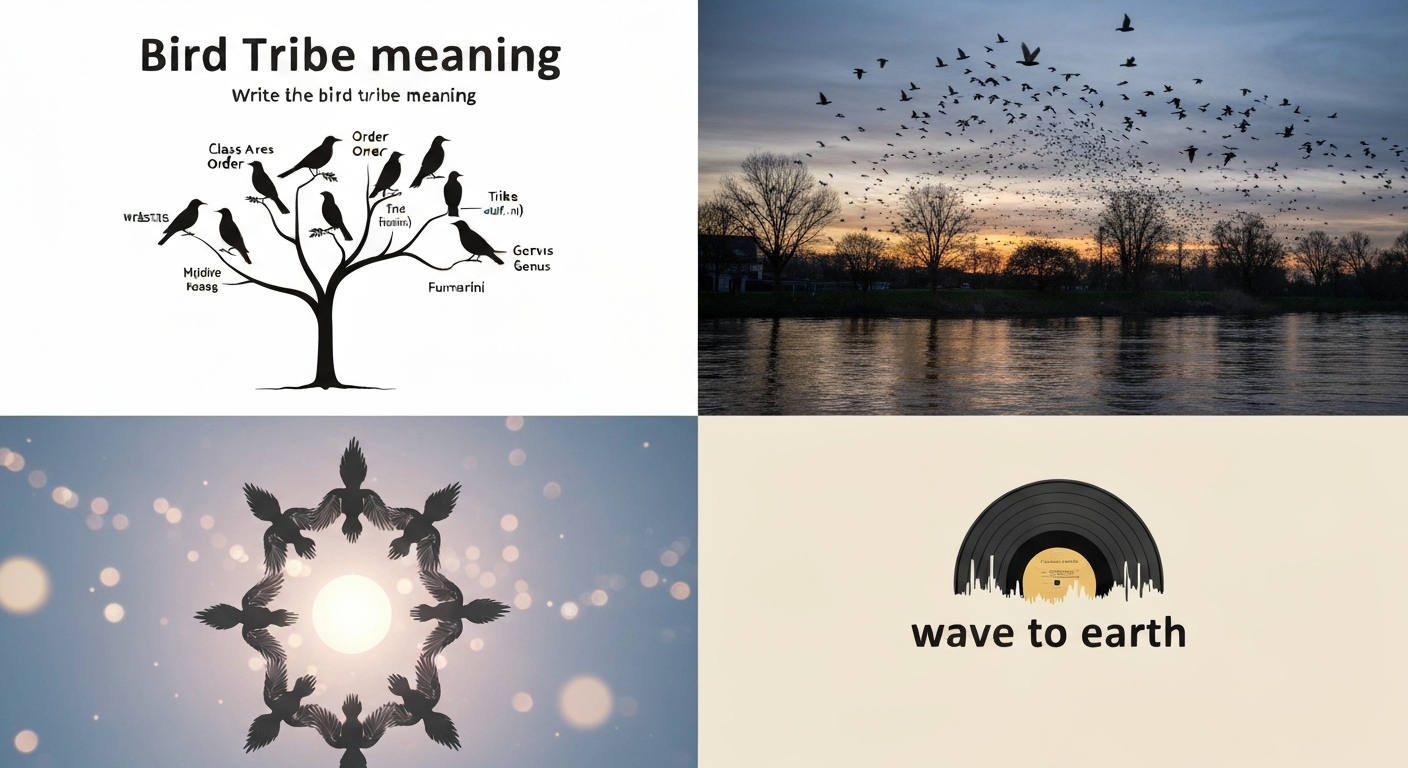 Collage showing (1) a phylogenetic tree highlighting the taxonomic rank 'tribe (-ini)', (2) a starling murmuration at dusk, (3) a subtle new-age human group with wing motifs, and (4) a stylized music/record graphic labeled 'wave to earth'.