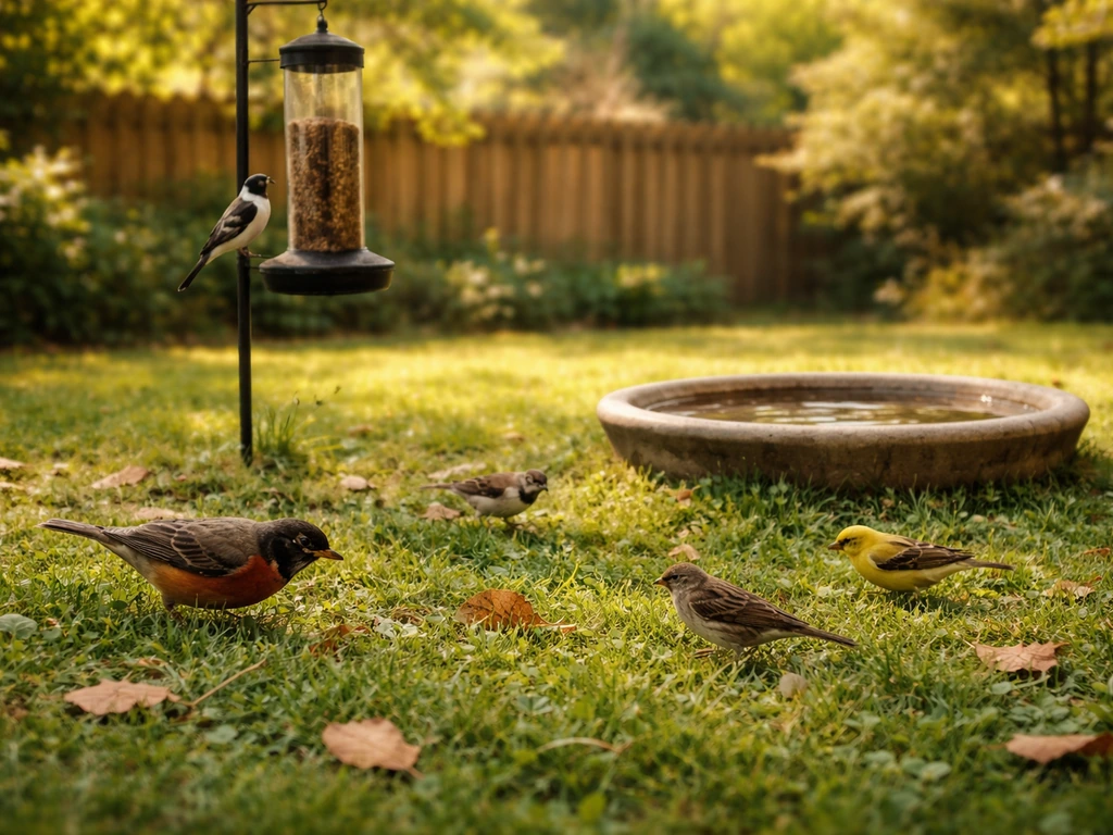 Common yard birds foraging on a quiet lawn near a small bird feeder in a sunny backyard.