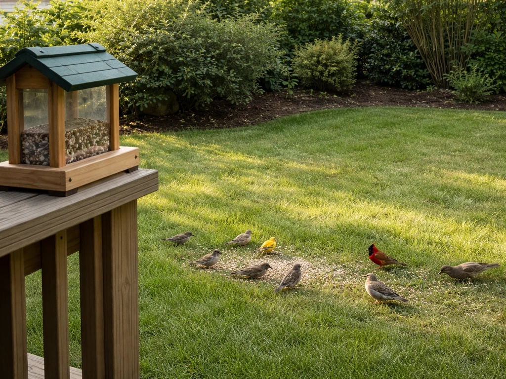 Small flock of birds by a residential lawn edge and bird feeder in a quiet backyard yard
