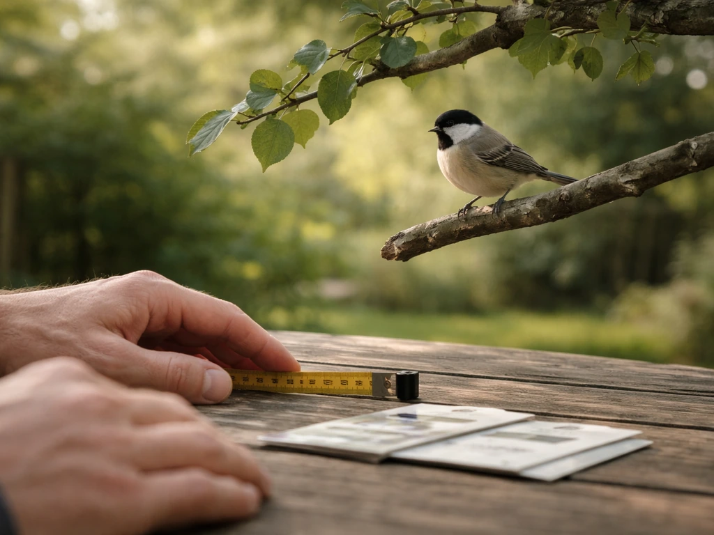 Person observing a small yard bird perched on a branch, using simple yard props to note its size and shape.