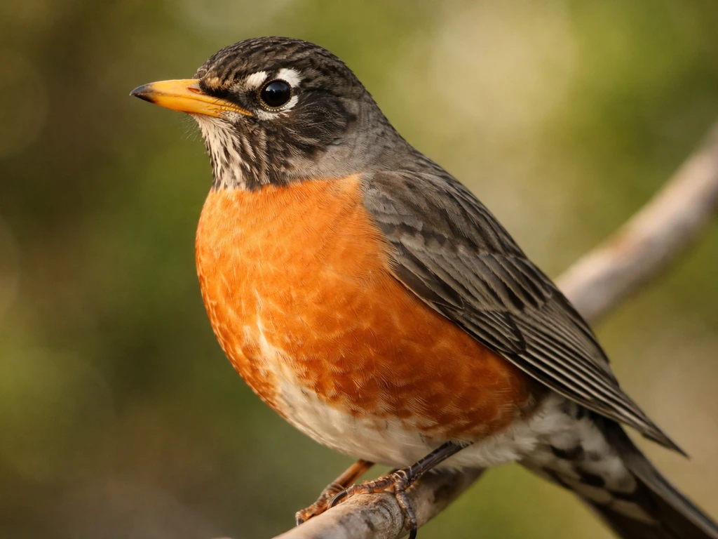 Close-up of an American robin perched, showing clear eye stripe and warm chest plumage details