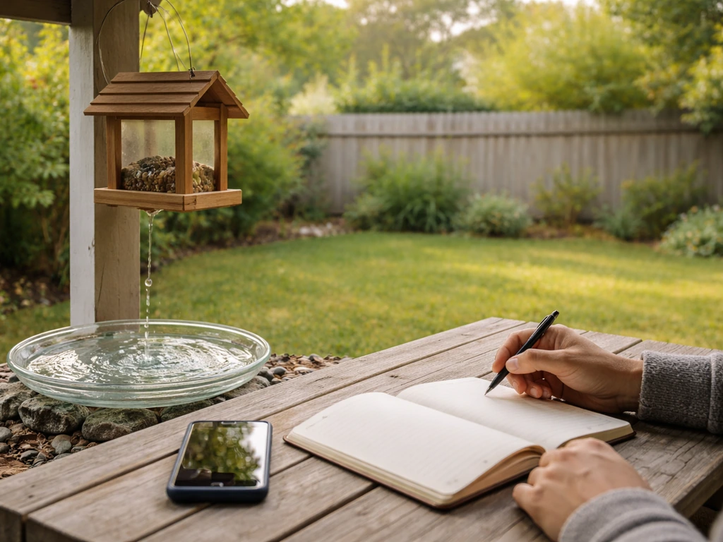 Backyard porch scene with bird feeder, clean water drip bath, and a hand taking notes.