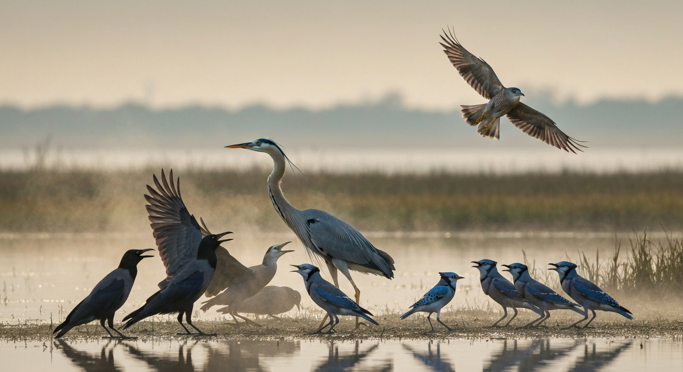 Mixed flock (crow, blue jay, heron) squawking and taking flight as a hawk silhouette passes overhead at dawn.