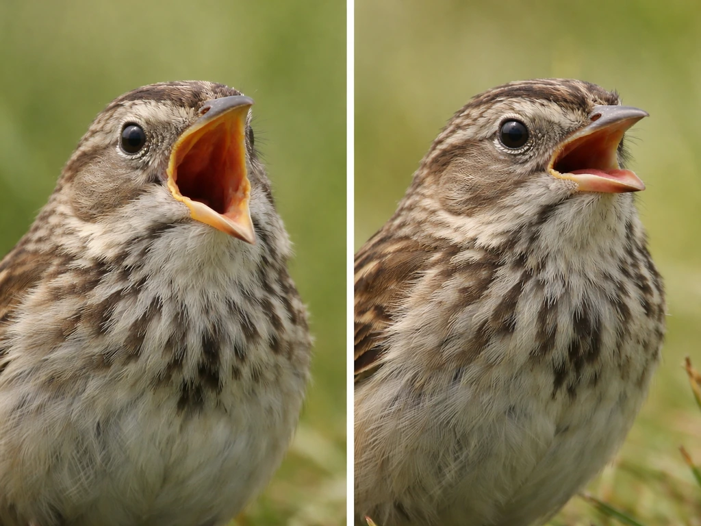Two close side-by-side shots: a bird gaping wide, and the same style of bird panting with bill open.