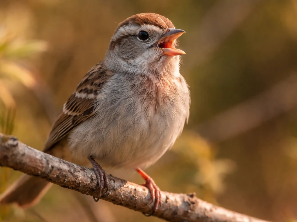 A small bird in warm light with its bill open, throat fluttering to cool down.