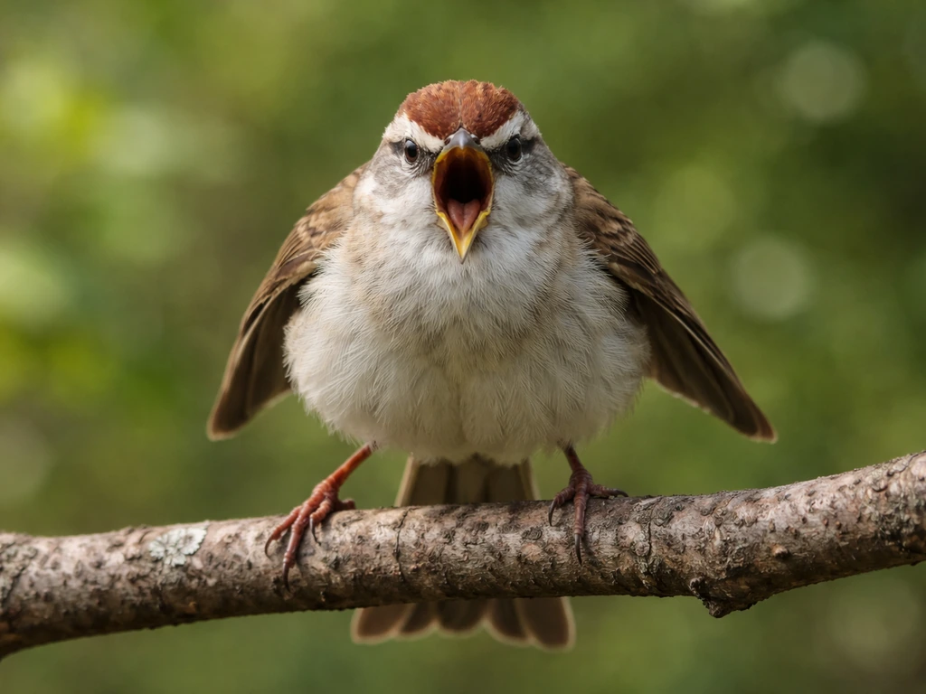 Small songbird on a branch with puffed feathers and open beak in a defensive threat display.