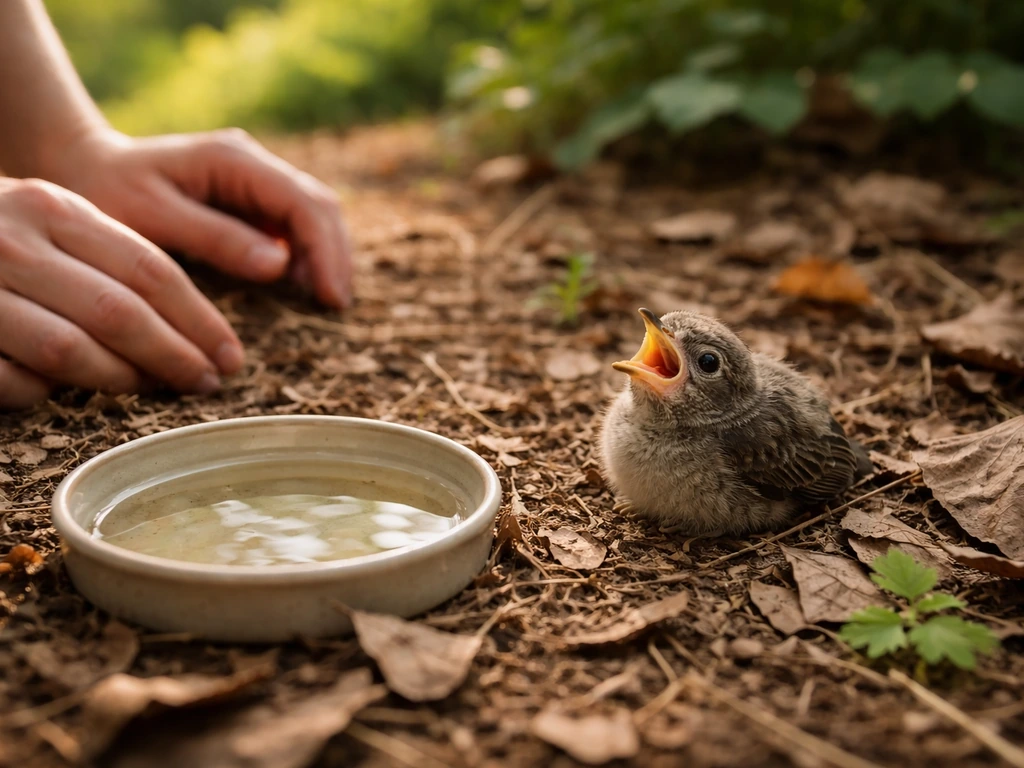 Shaded yard nestling on leaf litter with mouth open, with nearby shallow water and careful monitoring.