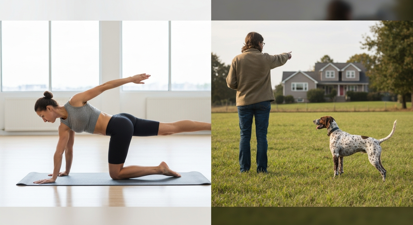 Split-scene photo: left, person on hands and knees performing a bird dog exercise with right arm and left leg extended and hips level; right, a person with clipboard and a pointing hunting dog indicating a suburban house.