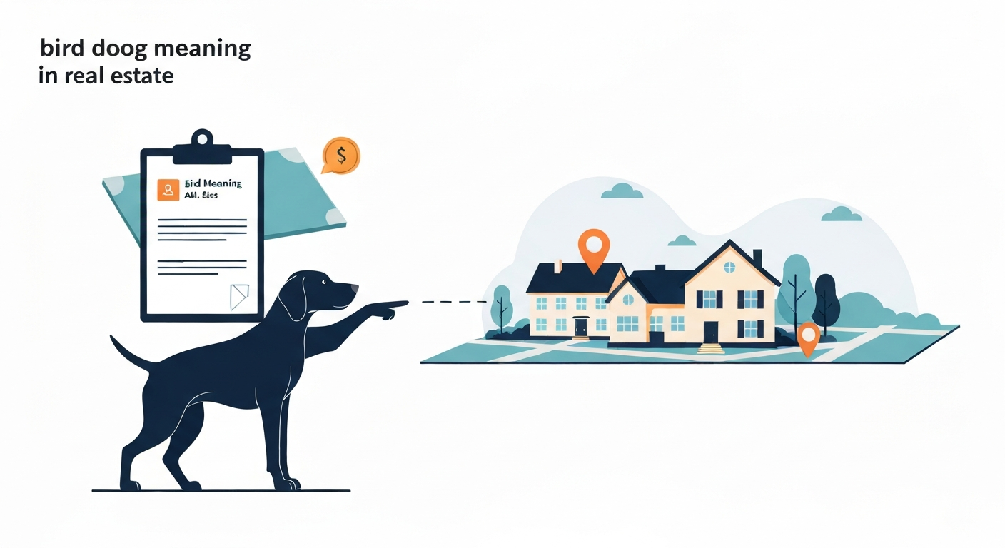 Stylized illustration of a pointer dog pointing at a house on a map with a clipboard showing a lead — visual metaphor for a real estate bird dog.
